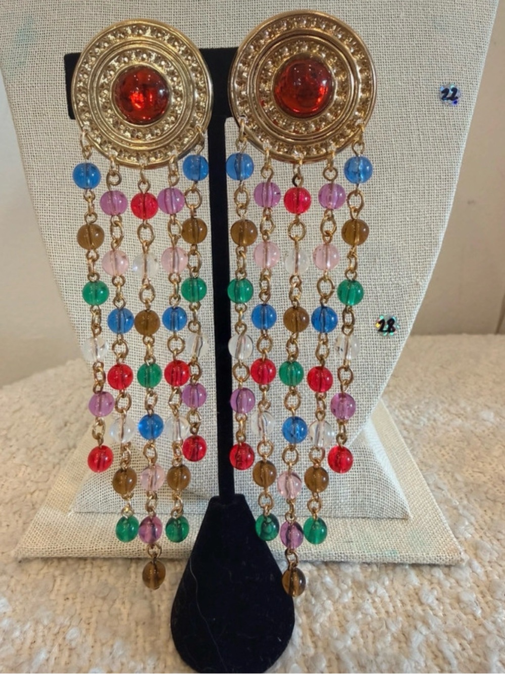 Vintage clip on Gold-Tone Multicolor Beaded Chandelier Earrings